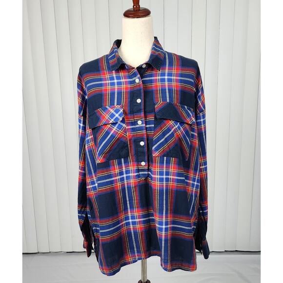 Old Navy Classic Boyfriend Henley Popover Top Shirt in Navy Tartan Size Large - Picture 1 of 10